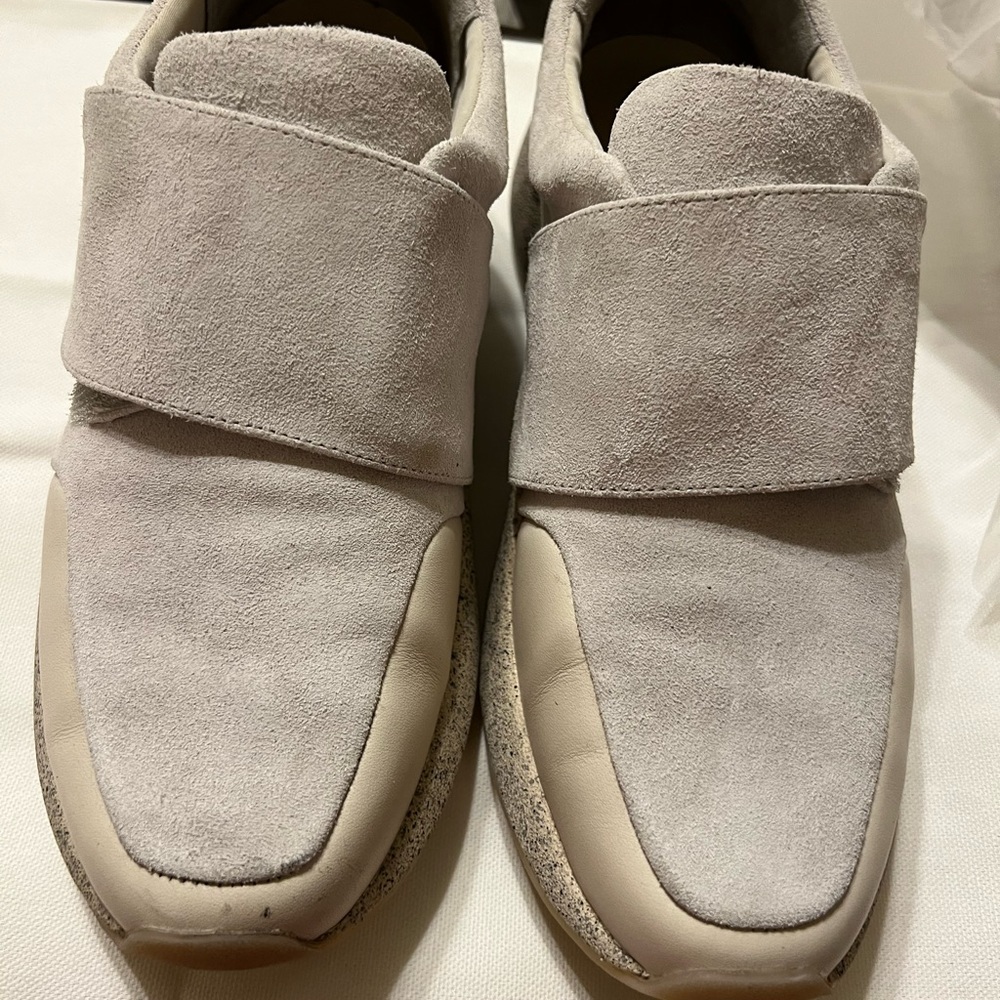 Vince slip on white suede speckled platform heel w/adjustable wrap over closure - Picture 2 of 11
